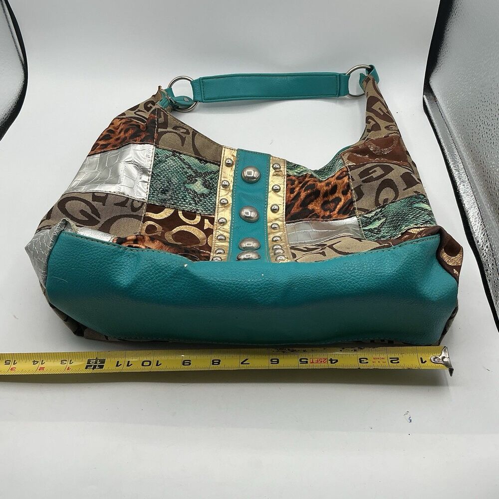 Patchwork Animal Print Shoulder Bag Turquoise Studded Y2K Hobo Purse Boho - Picture 9 of 9